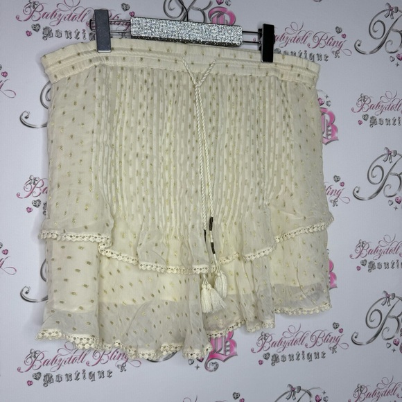 TRYB skirt boho fringe cream white gold polka dotted tassel luxury beachy vibe - Picture 2 of 11